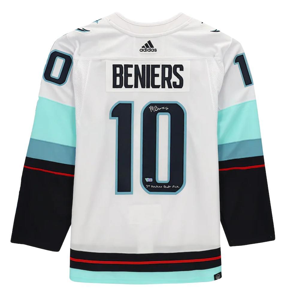 MATT BENIERS Autographed/Inscribed "1st Kraken Draft Pick" Seattle Kraken White Adidas Jersey FANATICS