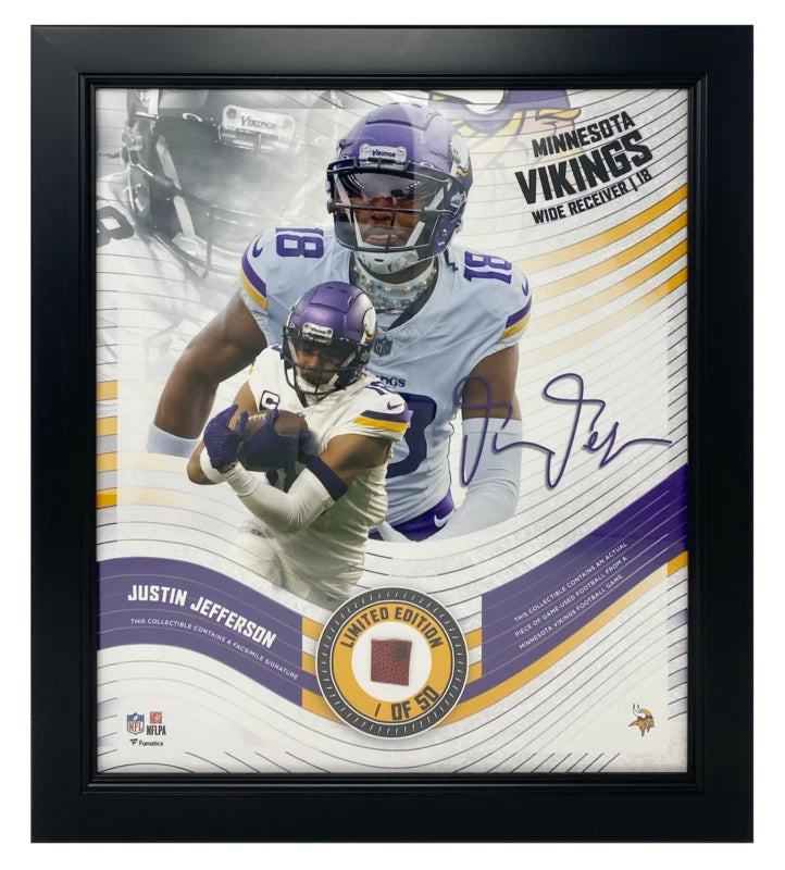 Justin Jefferson Framed Minnesota Vikings 15" x 17" Game Used Football Collage LE 1/50