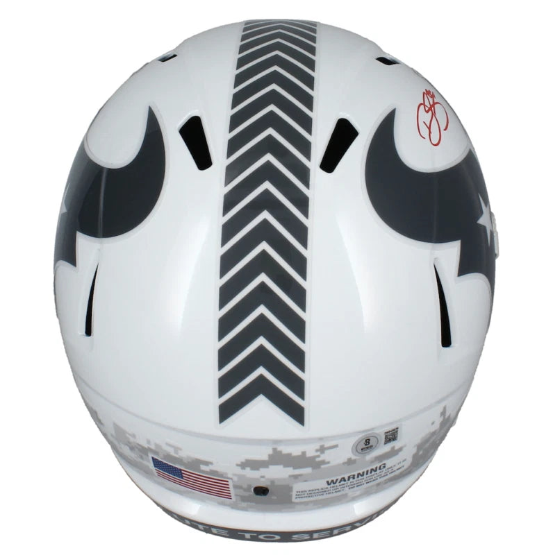 Dalton Schultz Autographed (in Red) Houston Texans 2024 Salute to Service Speed Full Size Helmet Beckett Witnessed