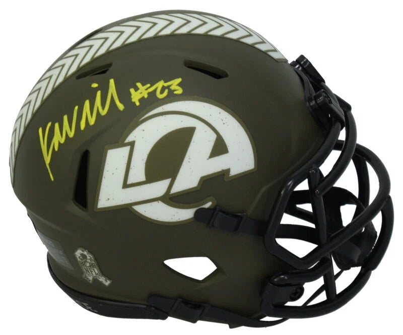 Kyren Williams Autographed (In Yellow) Los Angeles Rams 2022 Salute to Service Speed Mini Helmet Beckett Witnessed