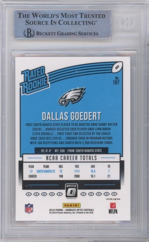 Dallas Goedert Autographed Philadelphia Eagles 2018 Panini Donruss Optic Pink Rated Rookie #197 BAS Authenticated Rookie Card Fanatics