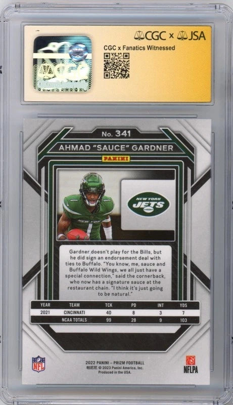 Ahmad "Sauce" Gardner Autographed New York Jets 2022 Panini Prizm #341 CGC Graded Auto 10 Rookie Card Fanatics