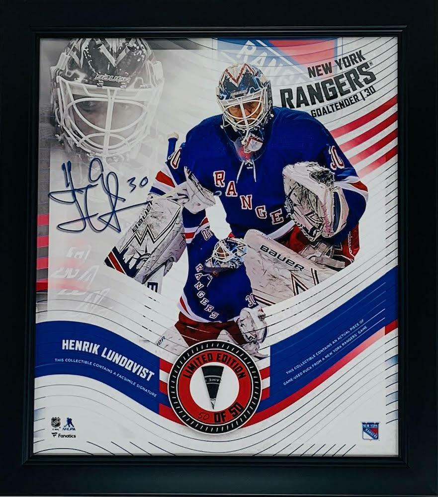 HENRIK LUNDQVIST Rangers Framed 15" x 17" Game Used Puck Display LE 50/50