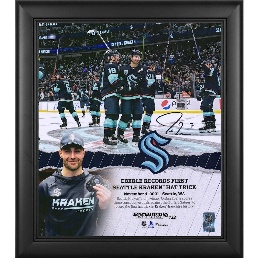 JORDAN EBERLE Autographed Seattle Kraken "Hat Trick" 15 x 17 Framed Collage FANATICS LE 132