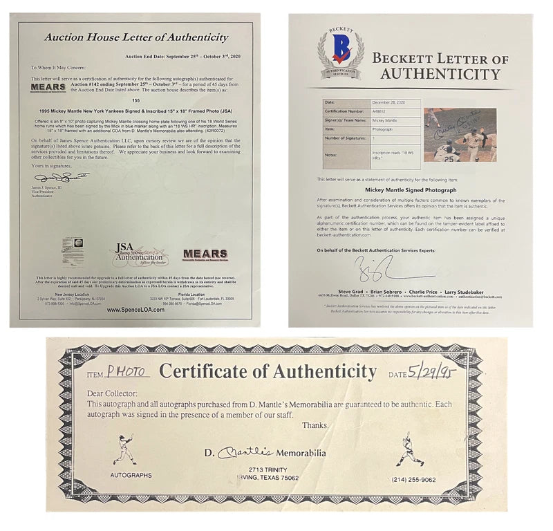 Mickey Mantle Autographed/Inscribed New York Yankees 8" x 10" Photographs Framed Display Beckett