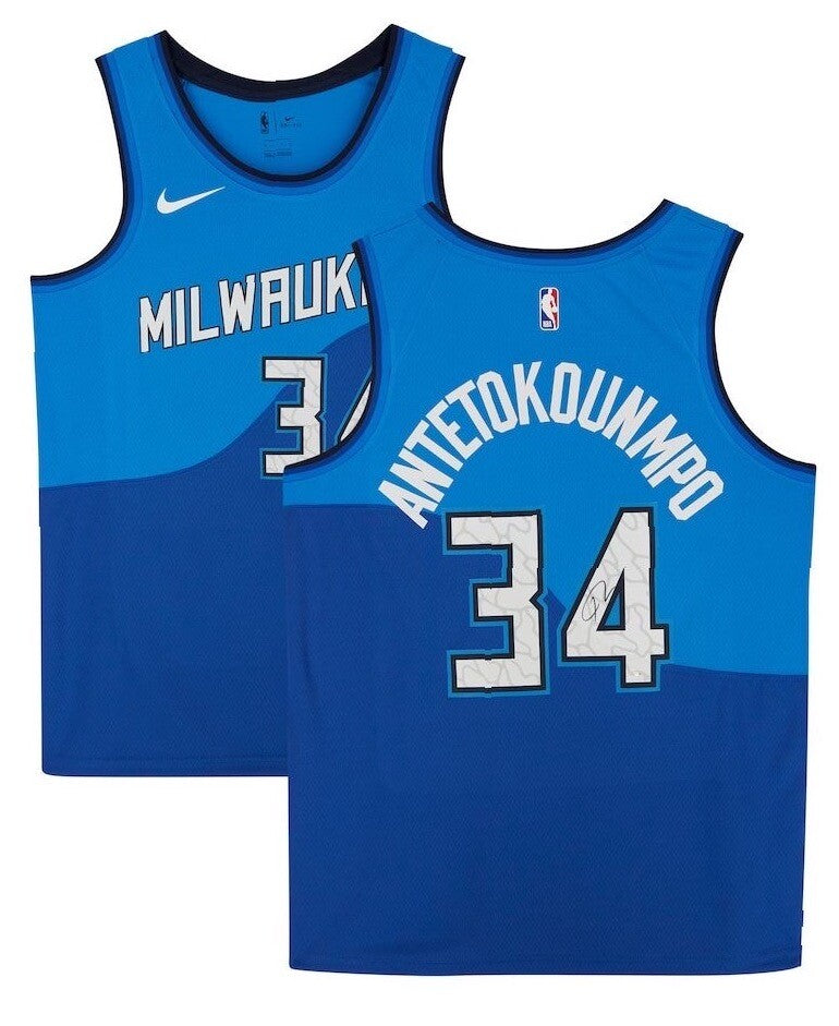 GIANNIS ANTETOKOUNMPO Autographed Milwaukee Bucks Blue Nike City Edition Swingman Jersey FANATICS