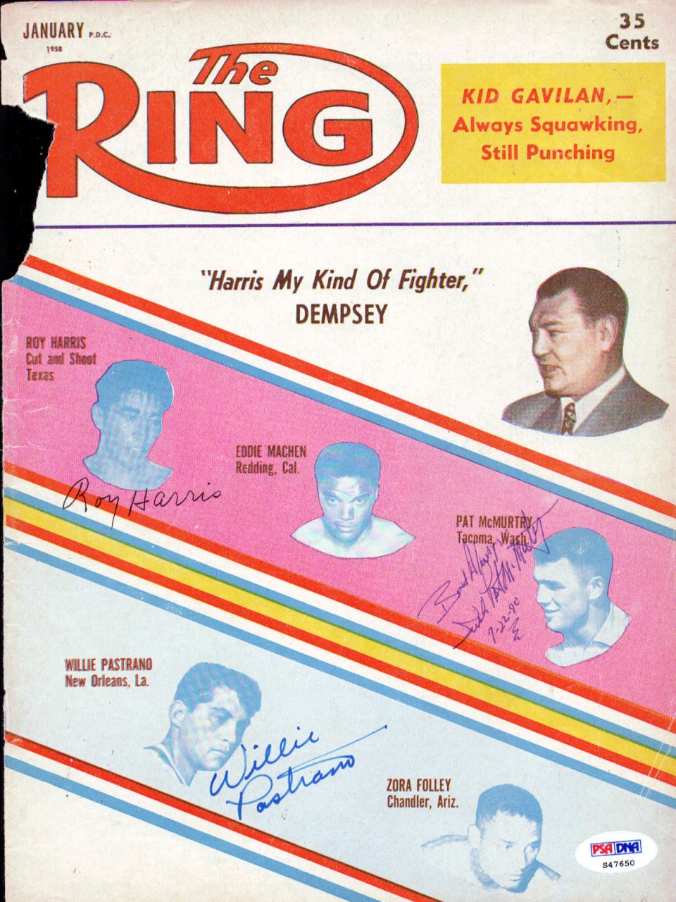 Pat McMurtry, Roy Harris & Willie Pastrano Autographed The Ring Magazine Cover PSA/DNA #S47650