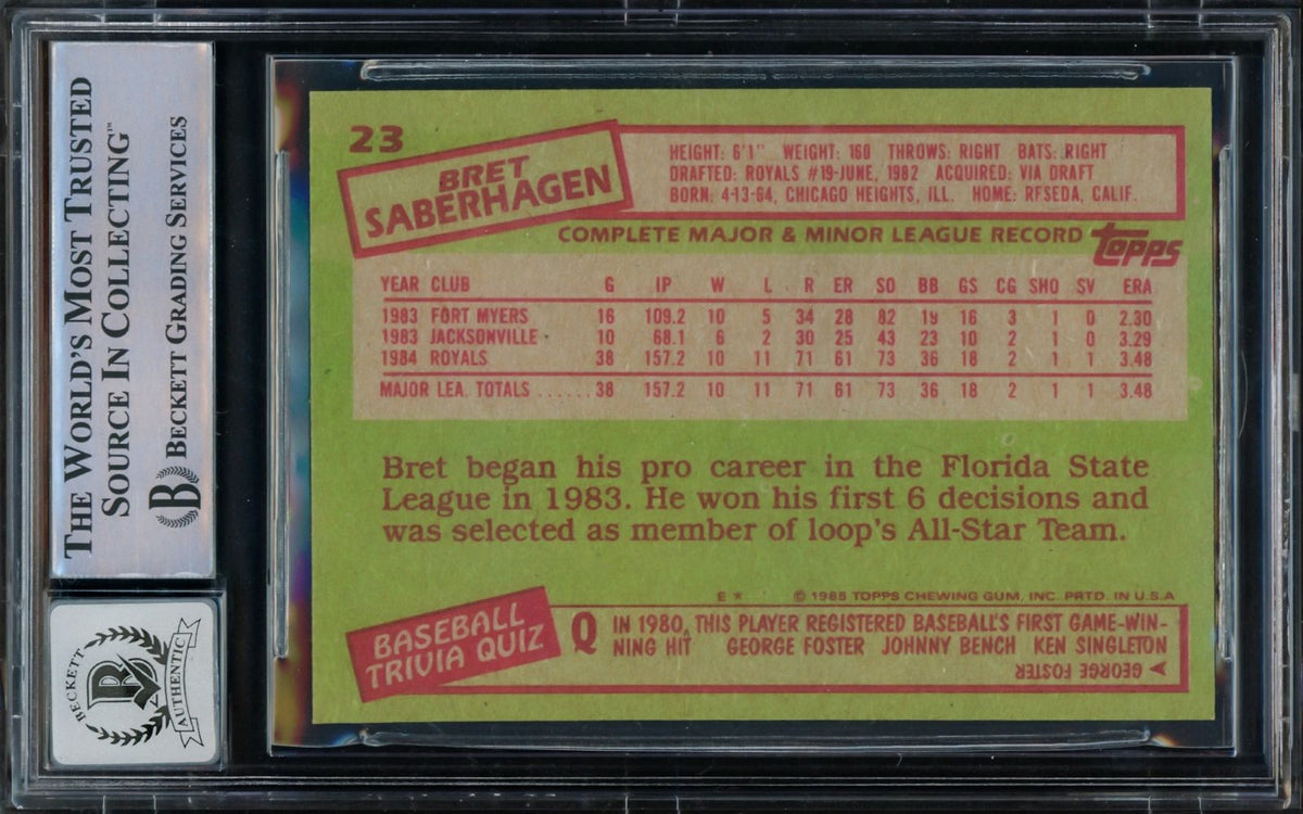 Bret Saberhagen Signed 1985 Topps #23 Royals Trading Card 85 & 89 AL CY BAS