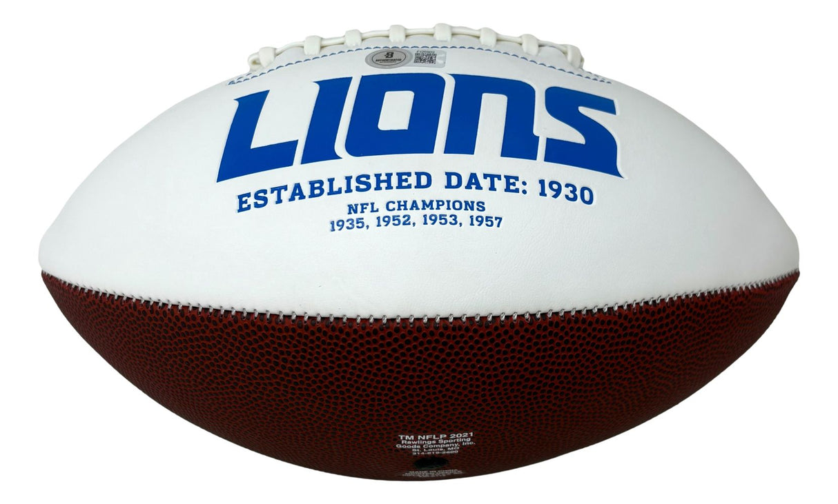 The Sam LaPorta Signed Detroit Lions Logo Football by Sports Integrity is white and brown, featuring "LIONS" in blue, "Established Date: 1930," and "NFL Champions 1935, 1952, 1953, 1957" beneath.
