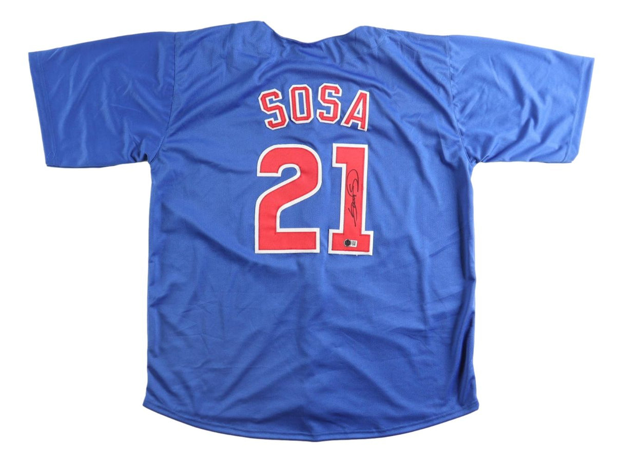 Sports Integrity Sammy Sosa Chicago Signed Blue Baseball Jersey BAS features "SOSA" and number 21 in red and white on the back, autographed on the number 1.