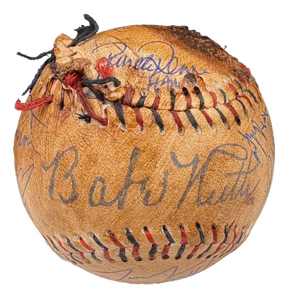 A Babe Ruth replica baseball by Sports Integrity features signatures from 8 cast members of The Sandlot, including Renna and Guiry. The ball displays red stitching and is authenticated by BAS.
