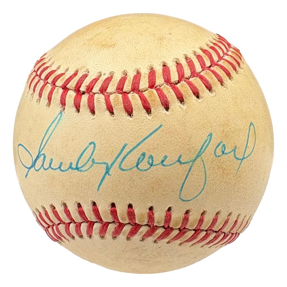 A Sandy Koufax Brooklyn Dodgers Signed Official NL Baseball by Sports Integrity, featuring a bold blue autograph and red stitching, authenticated by PSA/DNA (AP35960).