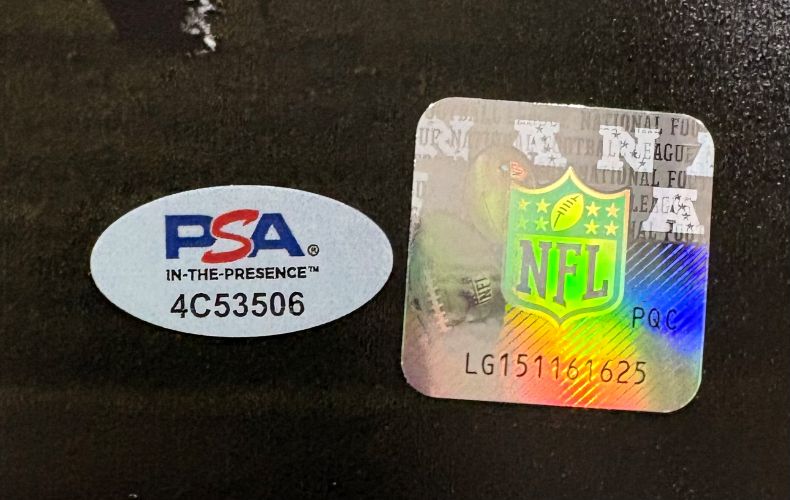 This Saquon Barkley Signed 16x20 Eagles Reverse Hurdle Spotlight Photo by Sports Integrity includes a blue oval PSA/DNA ITP 4C53506 sticker and a holographic NFL sticker with shield logo and code LG151116625.