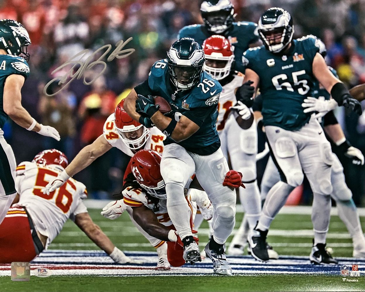 Saquon Barkley is featured running with the ball for the Philadelphia Eagles in this signed 16x20 Super Bowl 59 photo by Sports Integrity, authenticated by PSA/DNA ITP.
