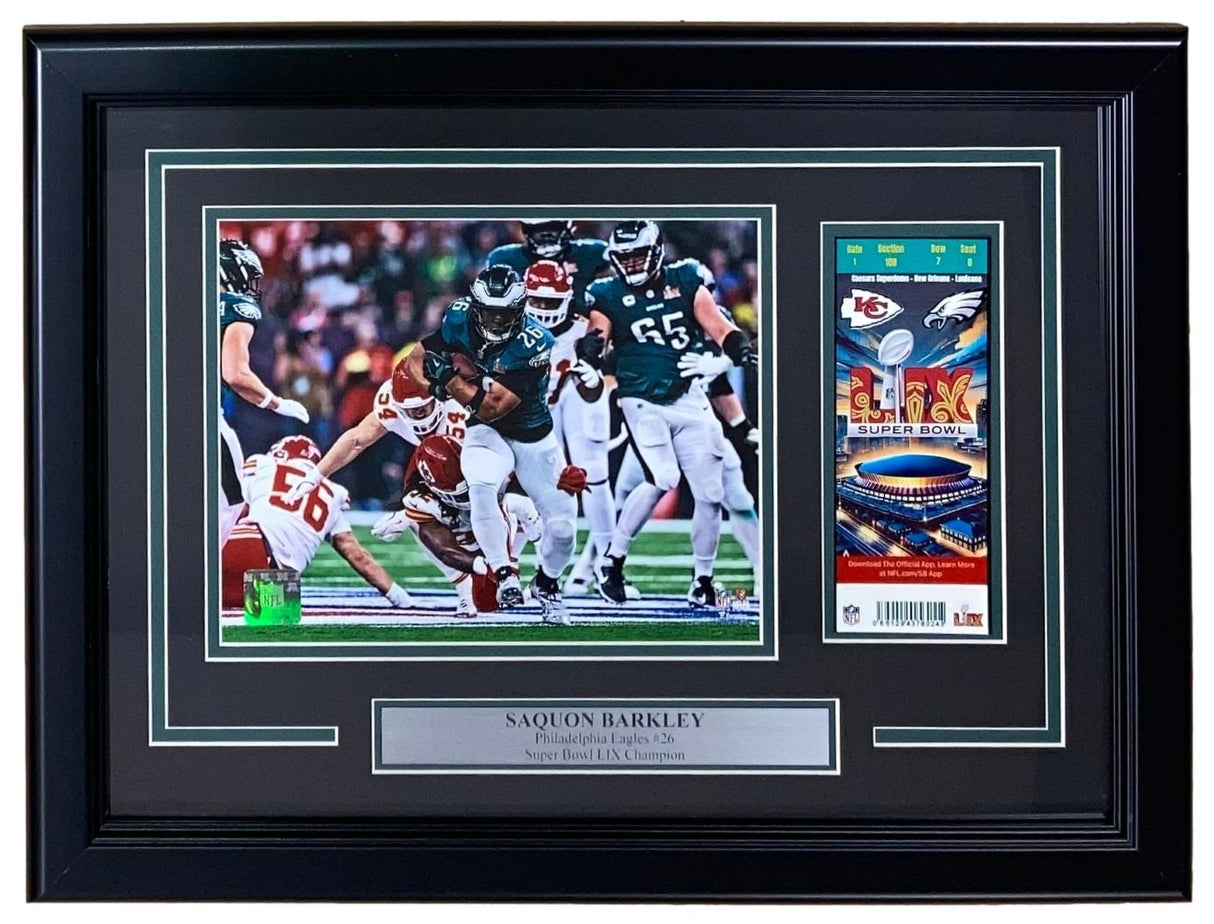 Sports Integrity’s Saquon Barkley Framed 8x10 Eagles Super Bowl LIX Photo includes a replica ticket—perfect for fans celebrating the Eagles’ Super Bowl 59 appearance.