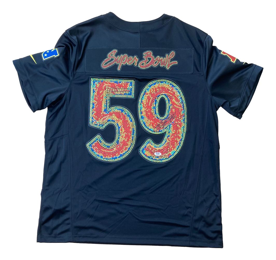 The Sports Integrity Saquon Barkley Signed Eagles Super Bowl 59 LIX Nike Limited Jersey (PSA 3C89552) features a dark design, colorful gem-encrusted 59, "Super Bowl" in red script, six-star left sleeve patch, and number 19 on the right sleeve.