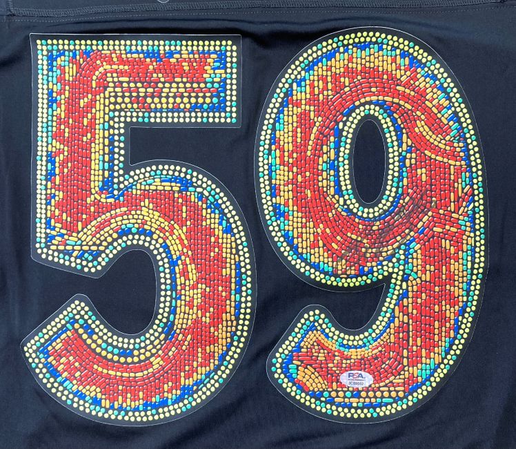 The Saquon Barkley Signed Eagles Super Bowl 59 LIX Nike Limited Jersey by Sports Integrity features a large "59" in mosaic red, yellow, and blue dots on dark fabric, with a PSA 3C89552 sticker below the "9.