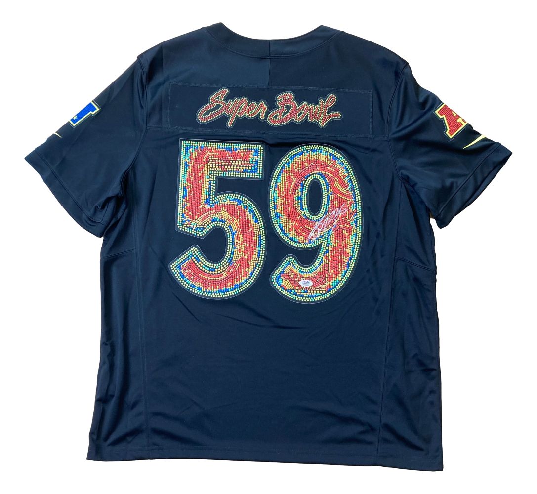The Sports Integrity Saquon Barkley Signed Eagles Super Bowl 59 Nike Limited Jersey (PSA 3C89553) features patches on both sleeves, a glittery Super Bowl patch on the back, and a rhinestone-decorated number 59.