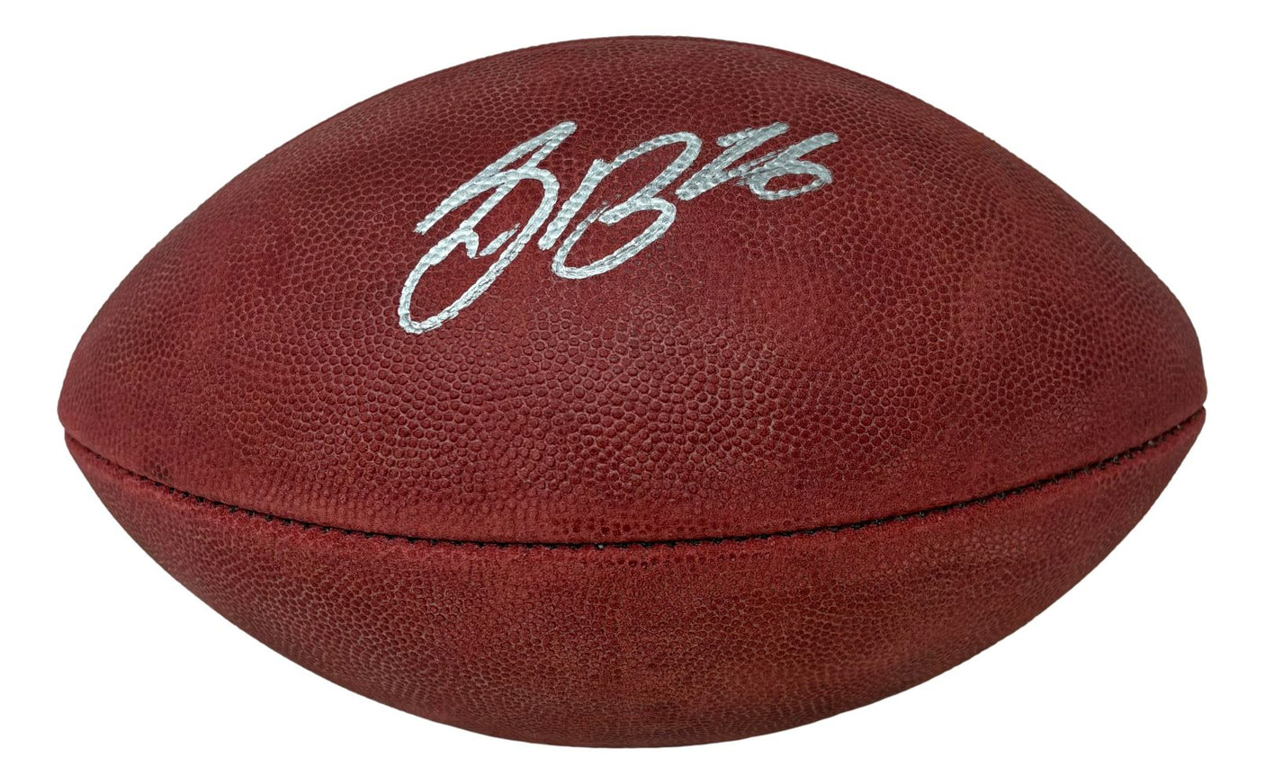 A Saquon Barkley signed Philadelphia Eagles Duke logo football by Sports Integrity with PSA/DNA, featuring a brown textured surface and white signature, displayed on a white background.