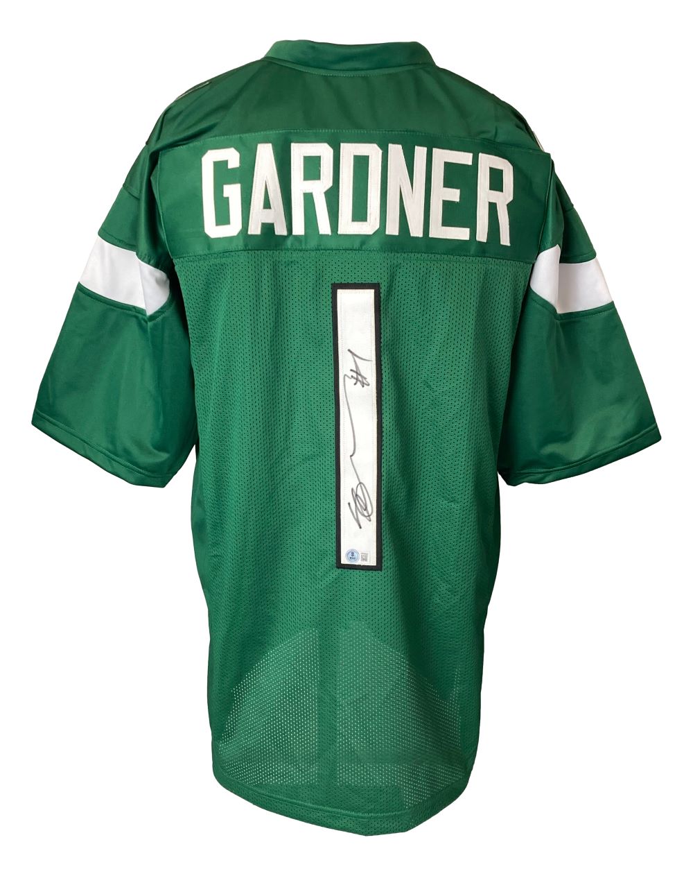 The Sports Integrity Ahmad Sauce Gardner New York Signed Green Football Jersey BAS is green with white sleeve stripes, features "GARDNER" and number 1 on the back, and includes an autograph on the digit.