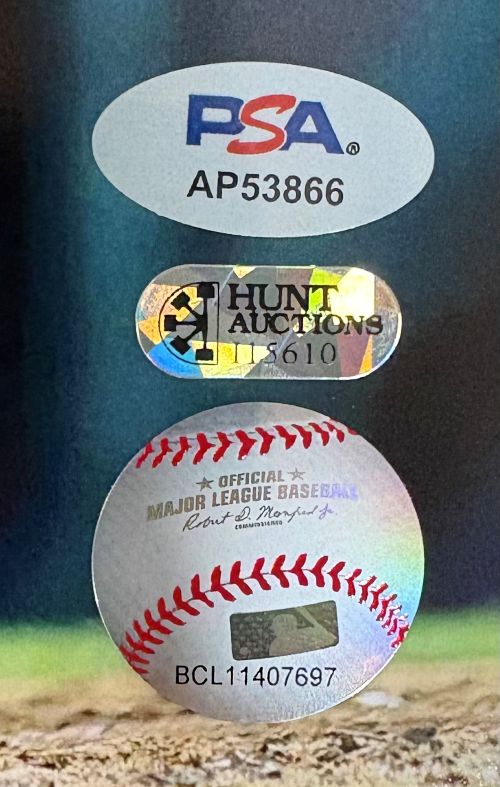This Sports Integrity Kyle Schwarber Signed 16x20 Philadelphia Phillies City Connect Photo features PSA sticker (AP53866), Hunt Auctions sticker (5610), and Official MLB hologram (BCL11407697) with red stitching.