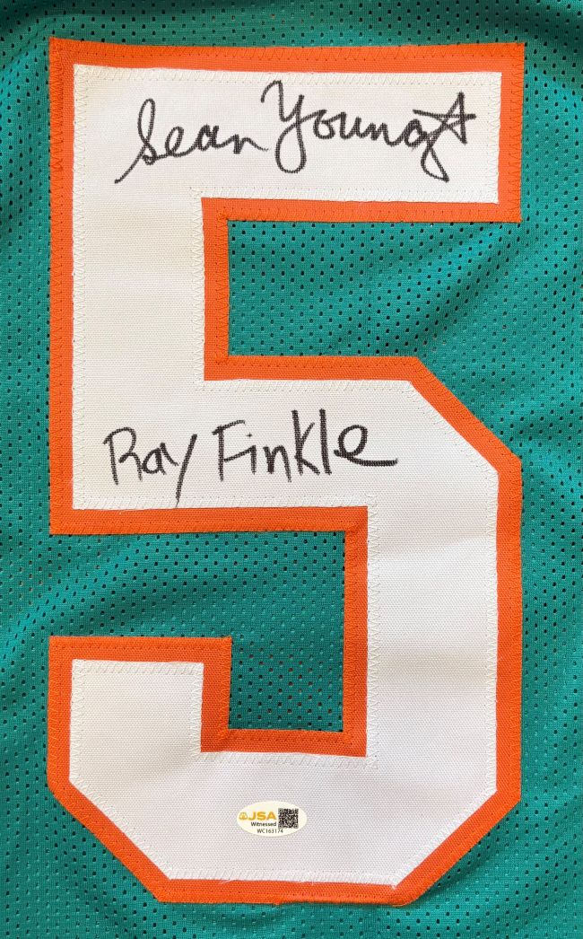 Sean Young Ace Ventura Signed Laces Out Jersey Ray Finkle Inscribed JSA QR
