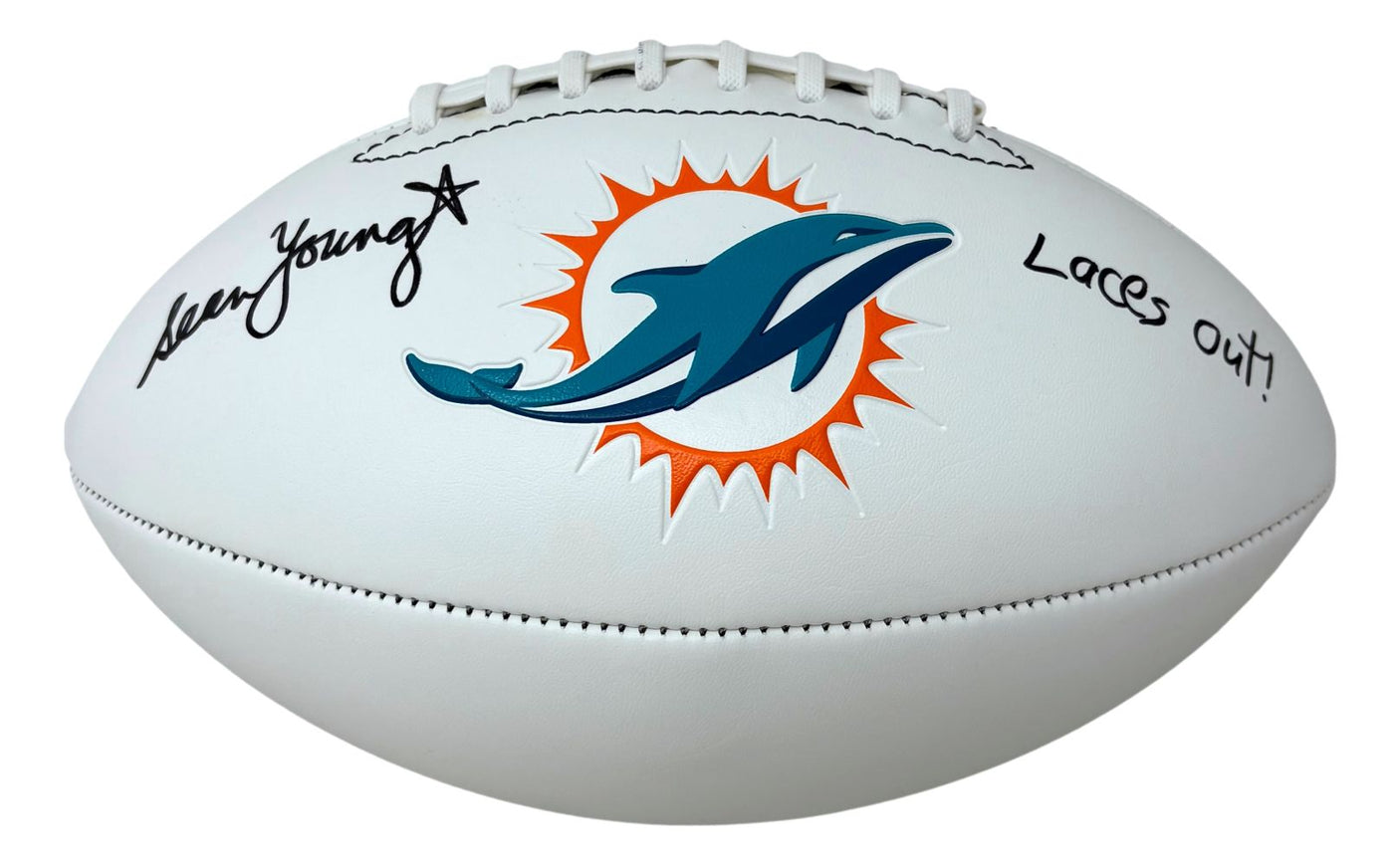 Sean Young Ace Ventura Signed Miami Dolphins Logo Football Laces Out JSA QR