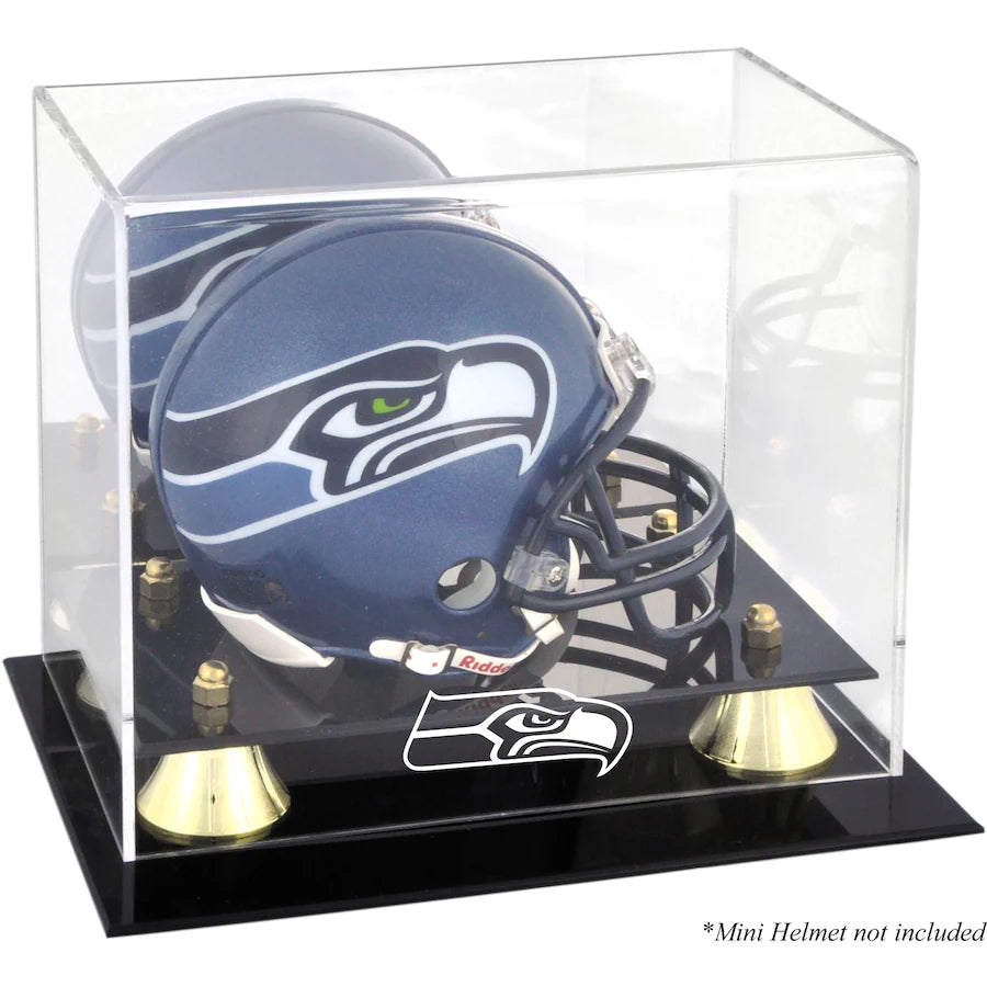 Fanatics Seattle Seahawks Black Base & Gold Risers Display Case For Mini Helmets With Team Logo & Mirror Stock #209034