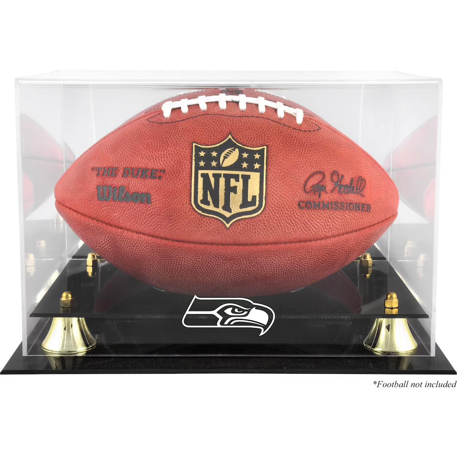 Fanatics Seattle Seahawks Black Base & Gold Risers Display Case For Footballs With Team Logo & Mirror Stock #220701