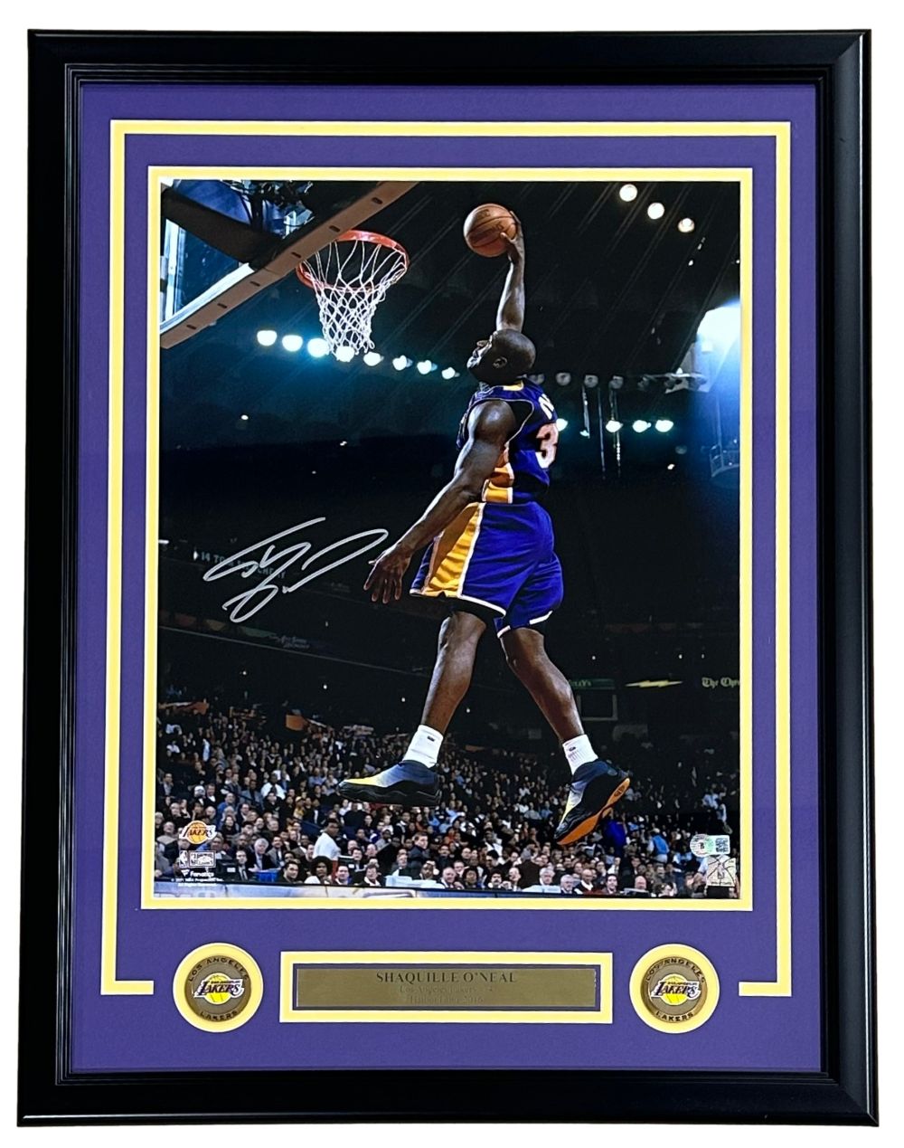 Sports Integrity Shaquille O'Neal Signed Framed 16x20 Photo features Shaq in a Lakers purple jersey (#34) dunking, with his autograph and a gold nameplate at the bottom. BAS authenticated.