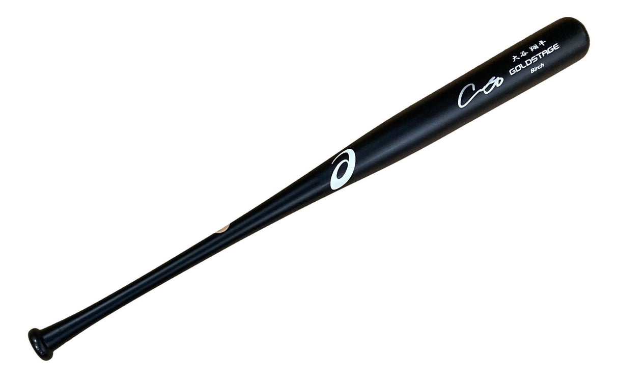A Shohei Ohtani Los Angeles Dodgers Signed Asics Game Model Bat by Sports Integrity is showcased on a plain white background, featuring black color with white lettering and logos.