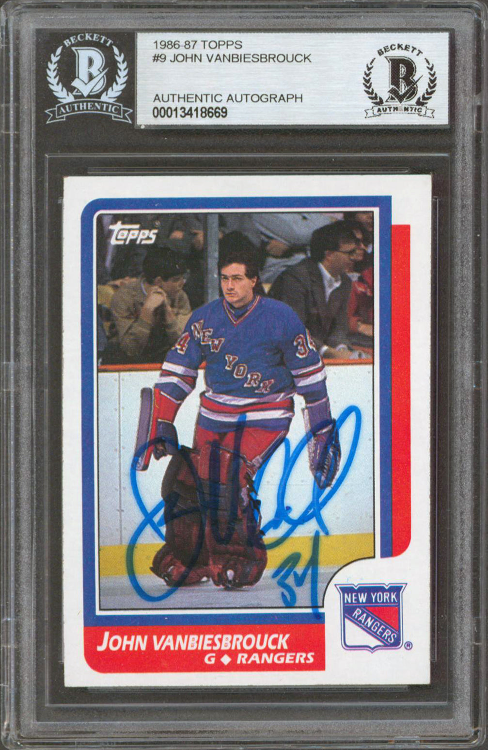 Rangers John Vanbiesbrouck Authentic Signed 1986 Topps #9 Card BAS Slabbed