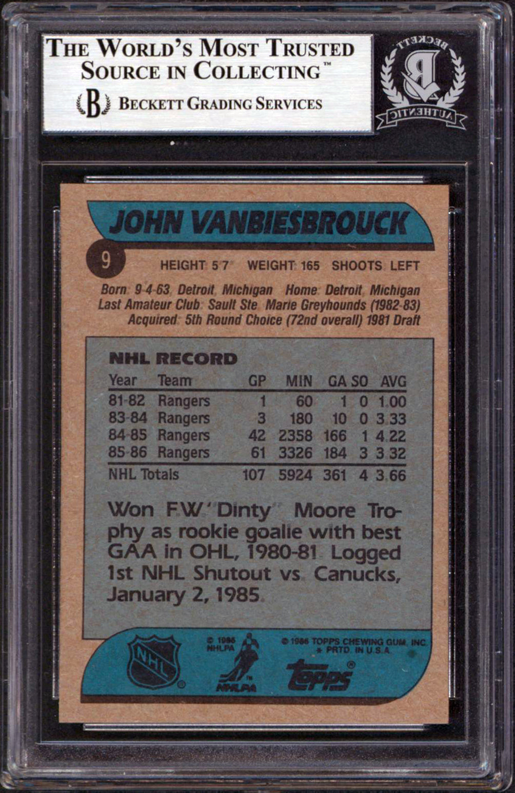 Rangers John Vanbiesbrouck Authentic Signed 1986 Topps #9 Card BAS Slabbed