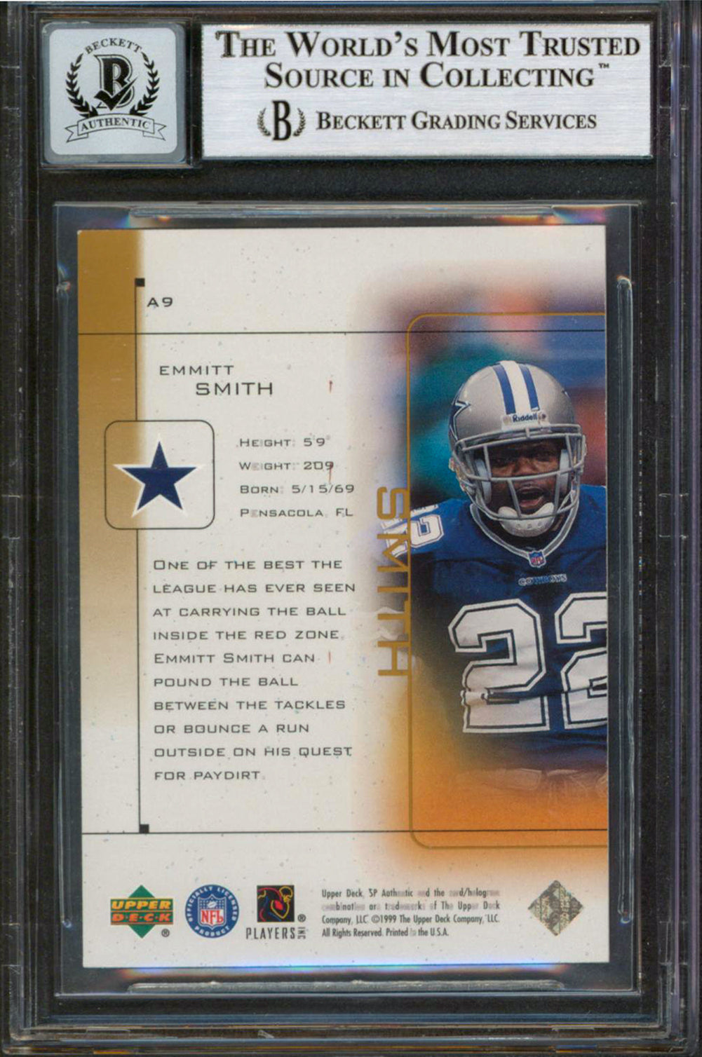 Cowboys Emmitt Smith Signed 1999 SP Authentic Ath #A9 Card Auto 10! BAS Slabbed