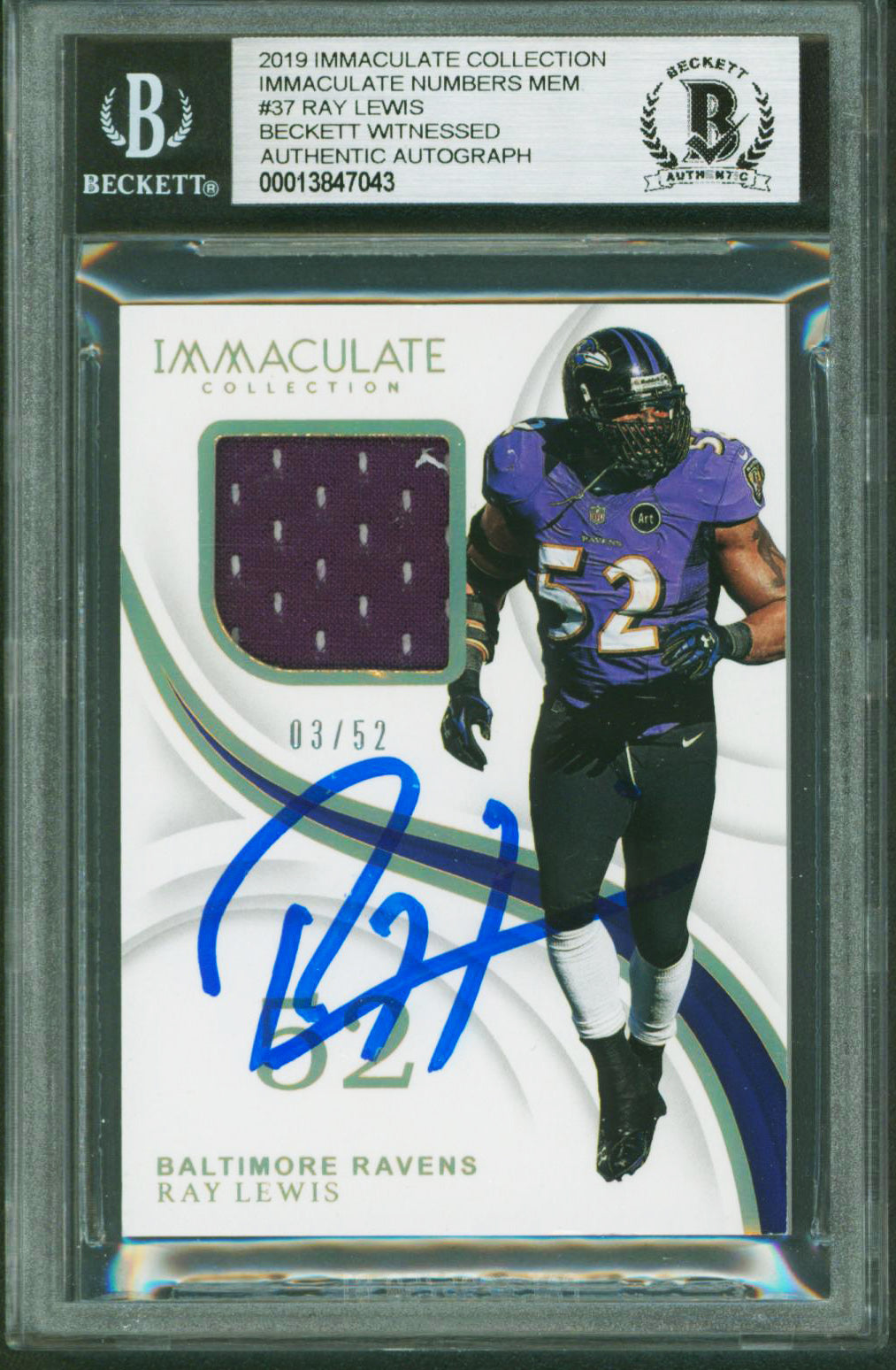Ray Lewis Authentic Signed 2019 Immaculate Collection Mem #37 3/52 Card BAS Slab
