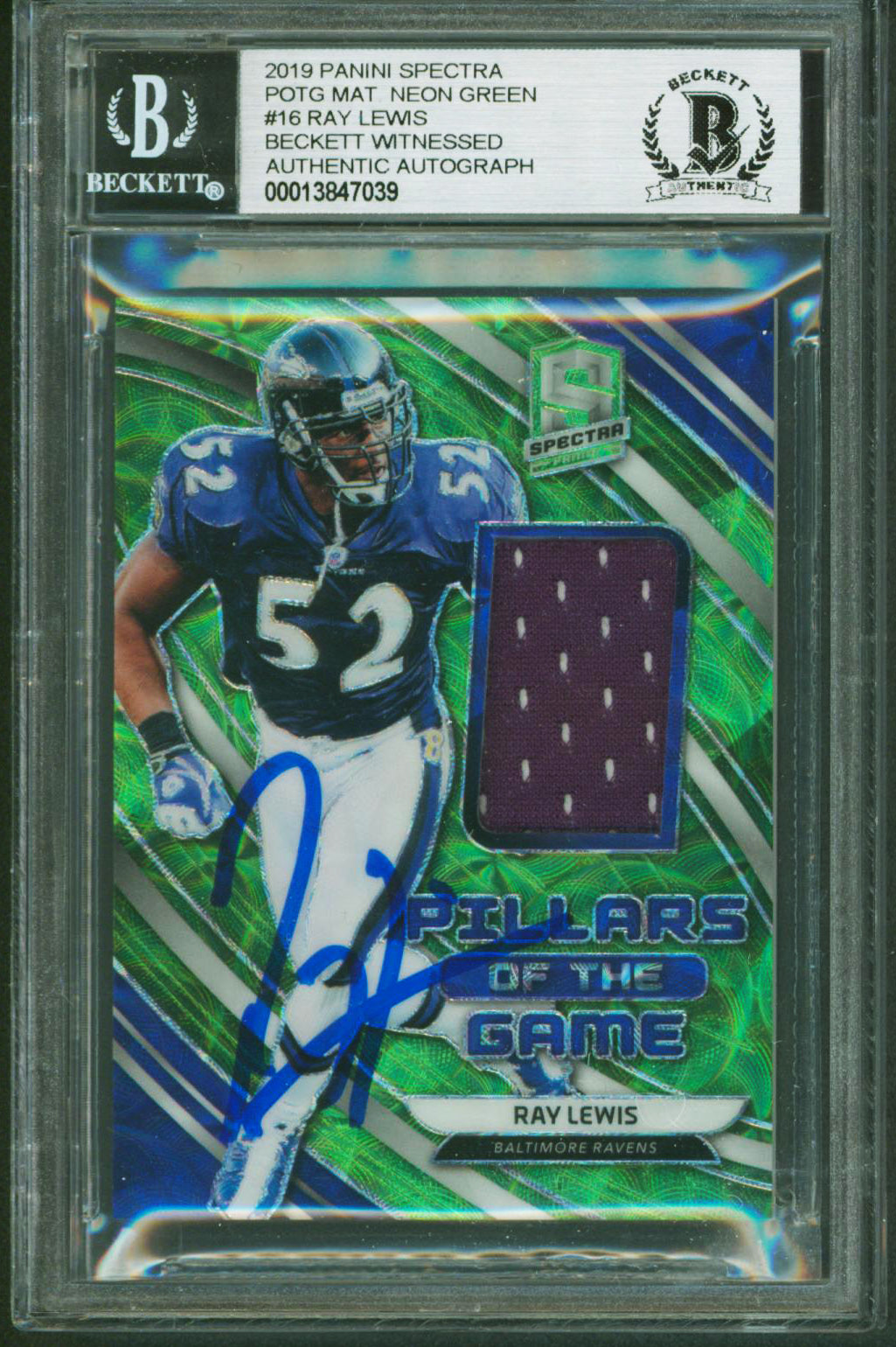 Ray Lewis Signed 2018 Panini Spectra POTG Mat Neon Green #16#2/25 Card BAS Slab