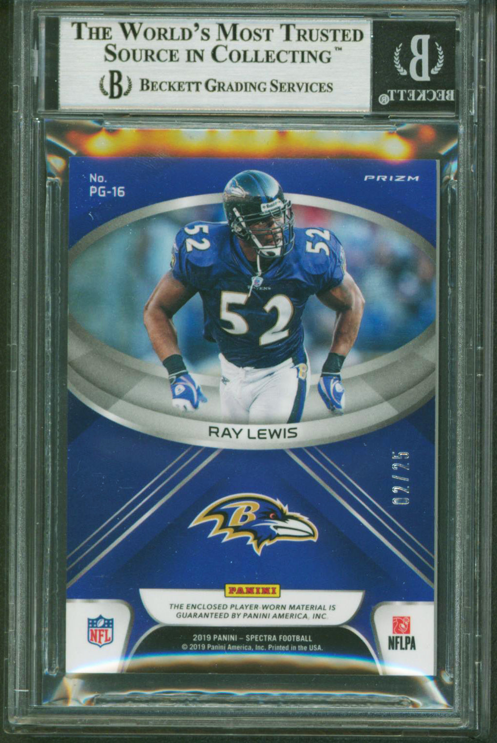 Ray Lewis Signed 2018 Panini Spectra POTG Mat Neon Green #16#2/25 Card BAS Slab