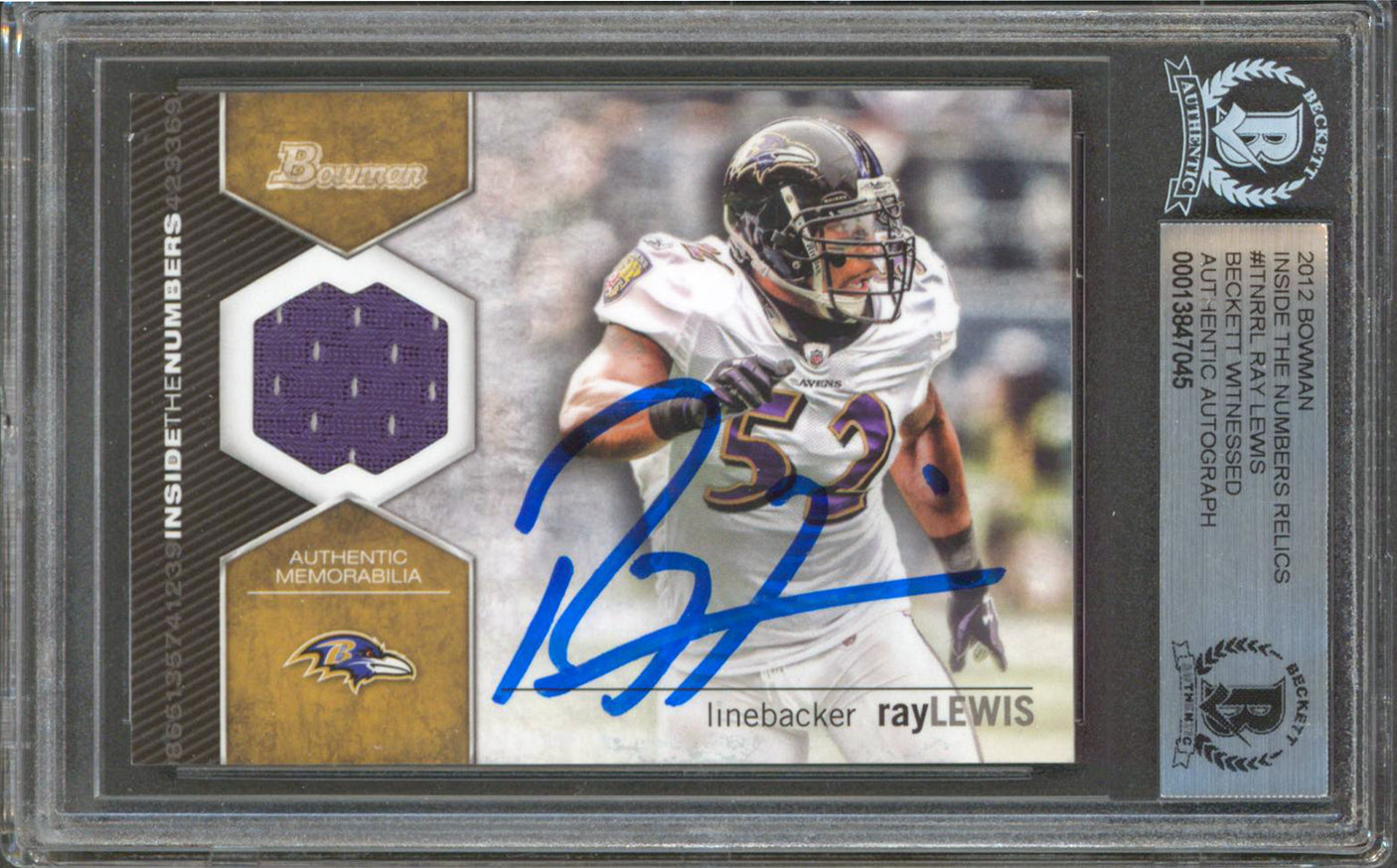 Ray Lewis Signed 2012 Bowman Inside The Numbers Relics #TNRRL Card BAS Slabbed