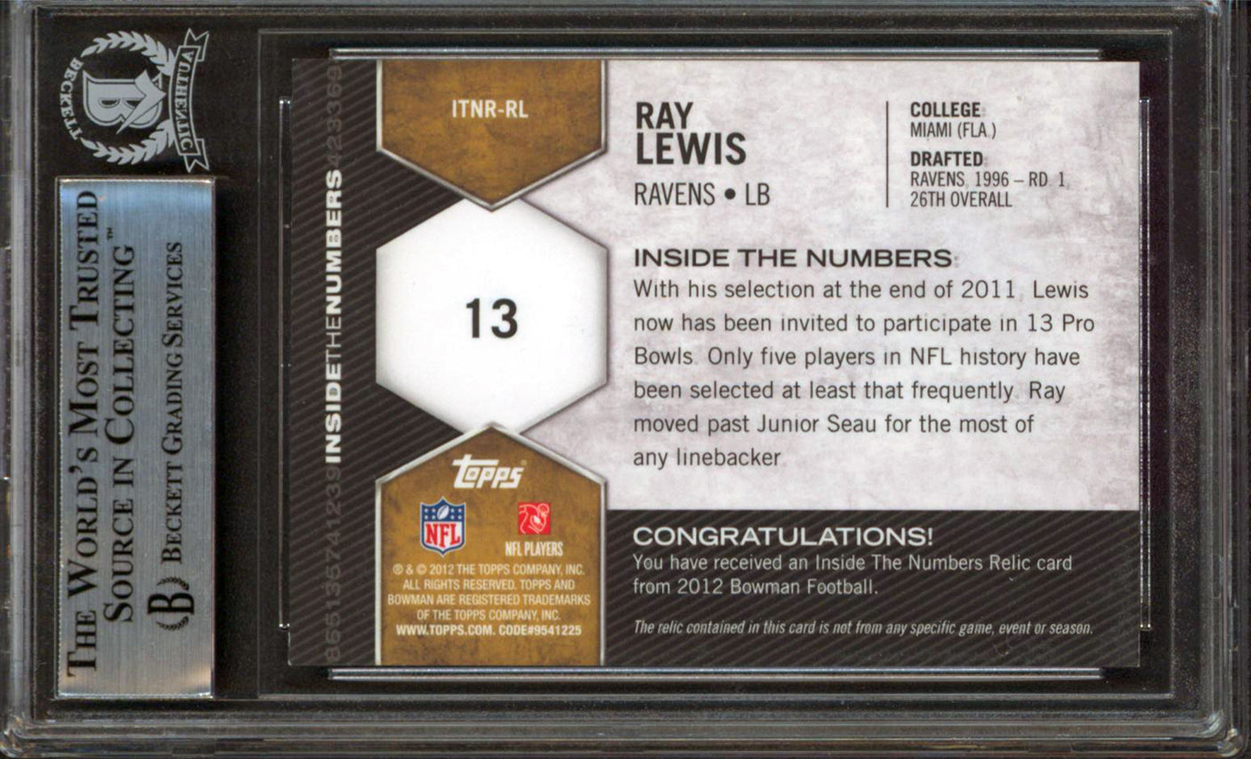 Ray Lewis Signed 2012 Bowman Inside The Numbers Relics #TNRRL Card BAS Slabbed