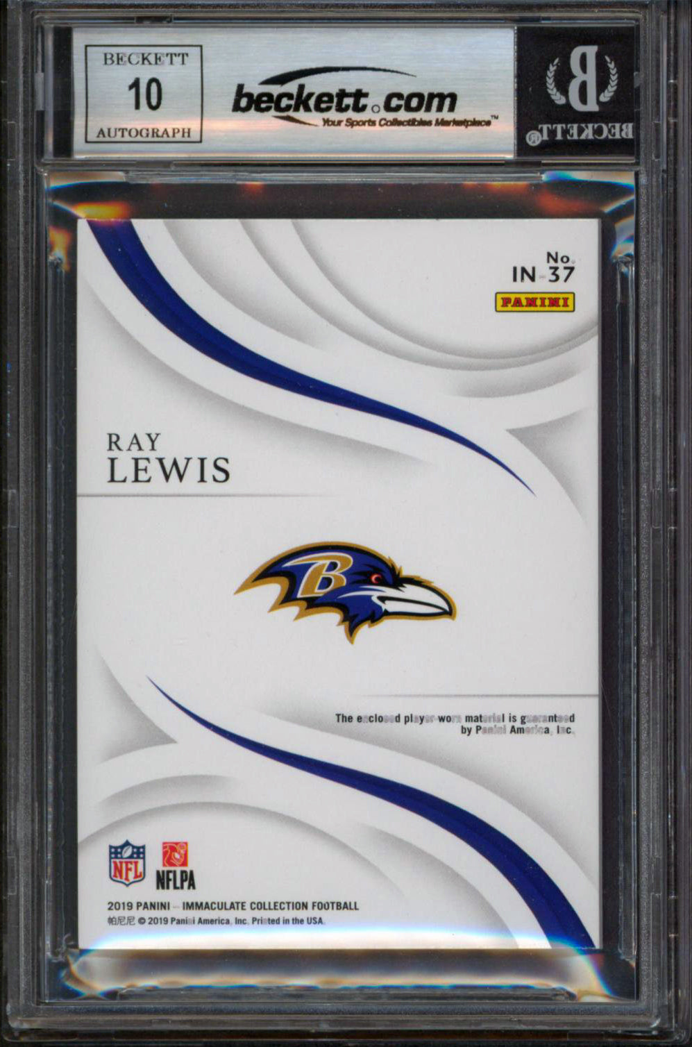 Ray Lewis Signed 2019 Immaculate Collection #37 20/52 Card Auto 10! BAS Slabbed