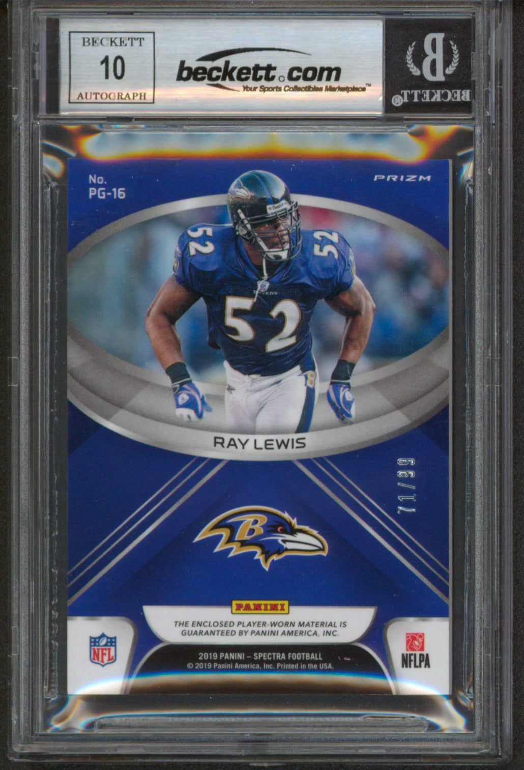 Ray Lewis Signed 2019 Spectra POTG Neon Blue #16 71/99 Card Auto 10! BAS Slabbed