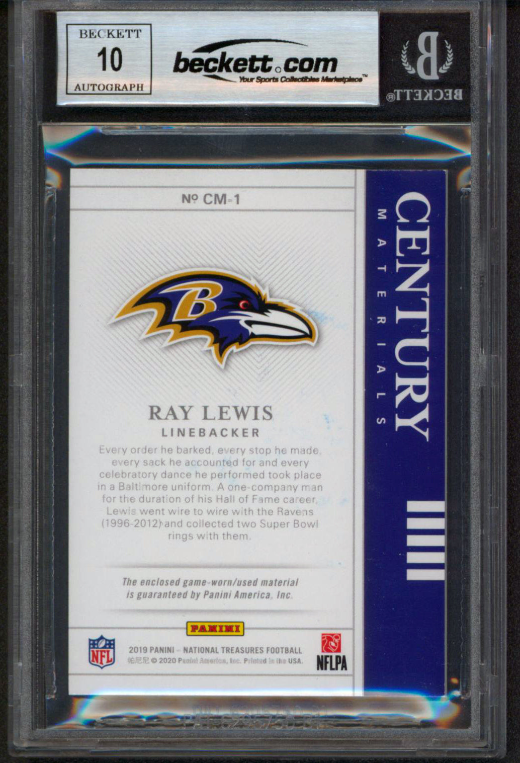 Ray Lewis Signed 2019 National Treasures Century #1 69/99 Card Auto 10! BAS Slab