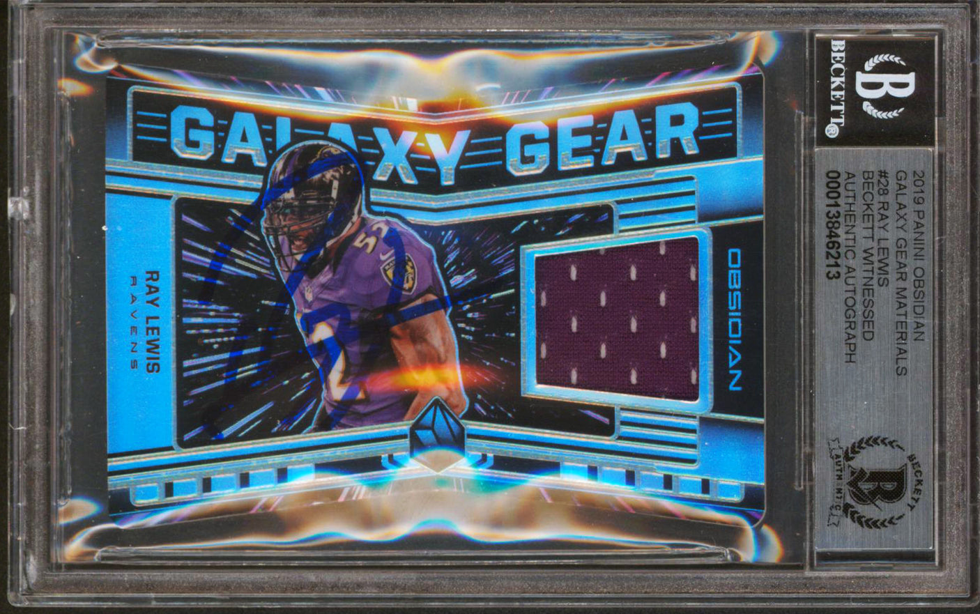 Ray Lewis Signed 2019 Panini Obsidian Galaxy Gear Mat #28 Card Auto 10! BAS Slab