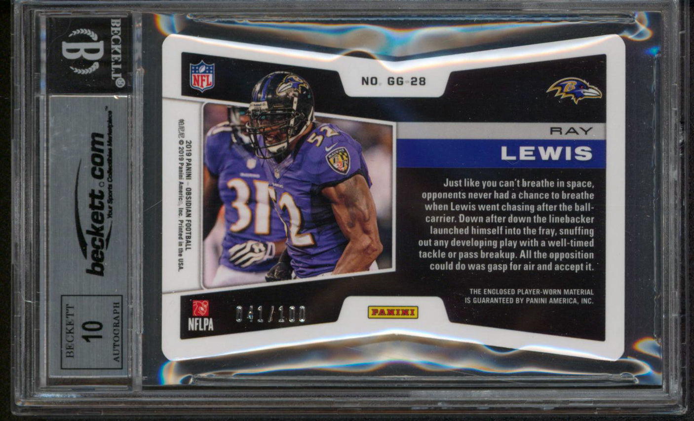 Ray Lewis Signed 2019 Panini Obsidian Galaxy Gear Mat #28 Card Auto 10! BAS Slab