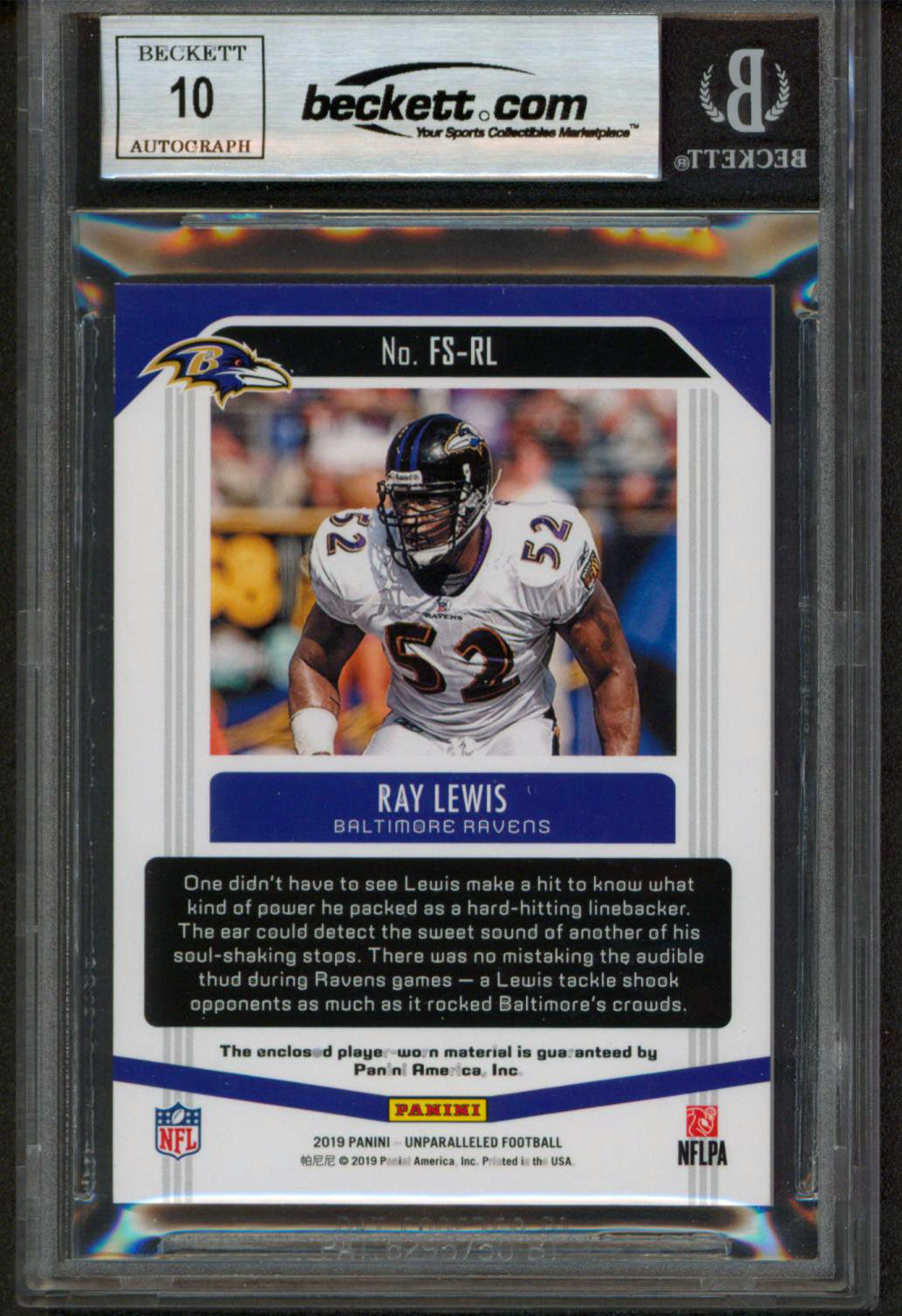 Ray Lewis Signed 2019 Panini Unparalleled FOS Jerseys #4 Card Auto 10! BAS Slab