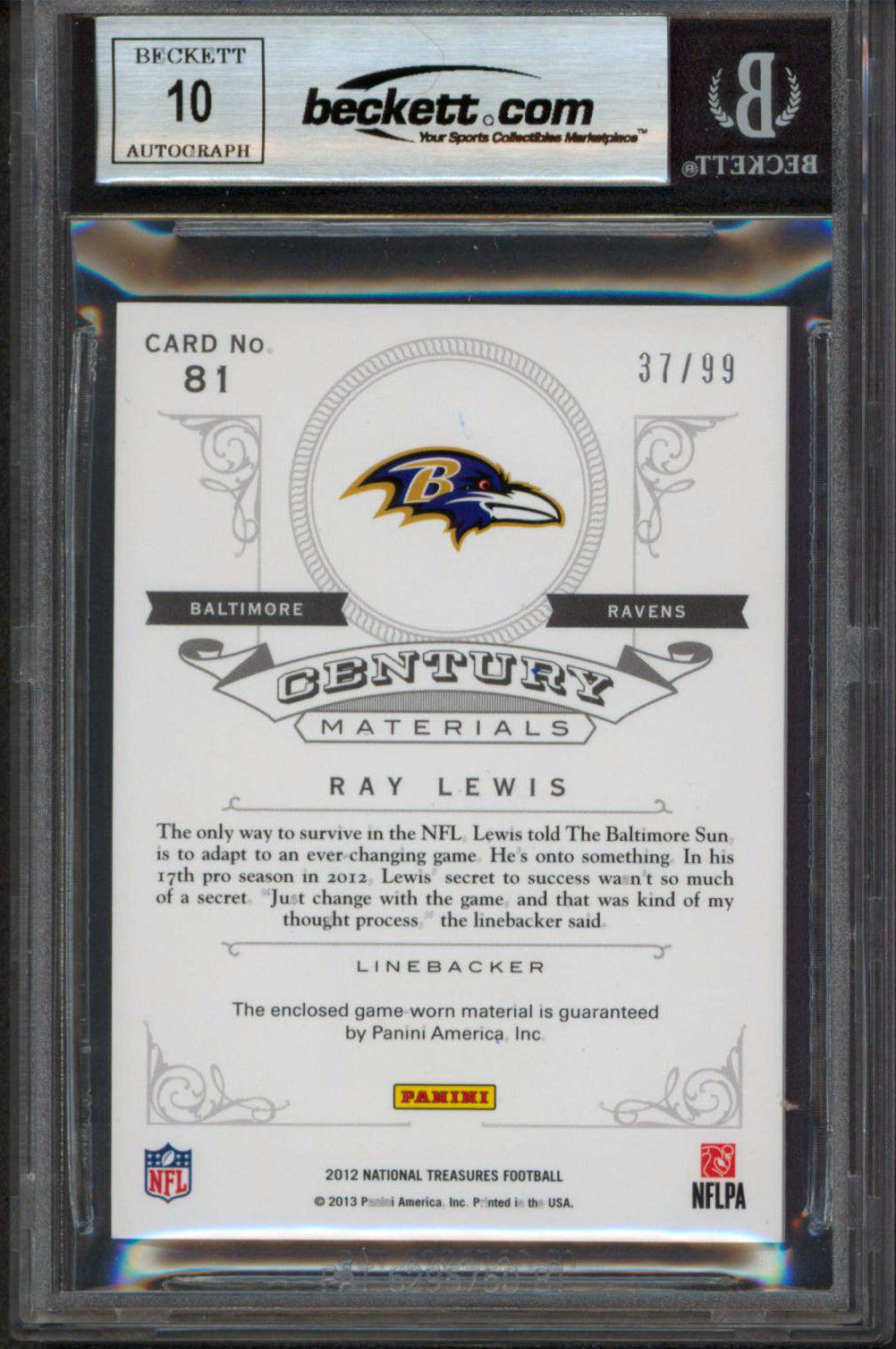 Ray Lewis Signed 2012 National Treasures Century #81 37/99 Card Auto 10 BAS Slab