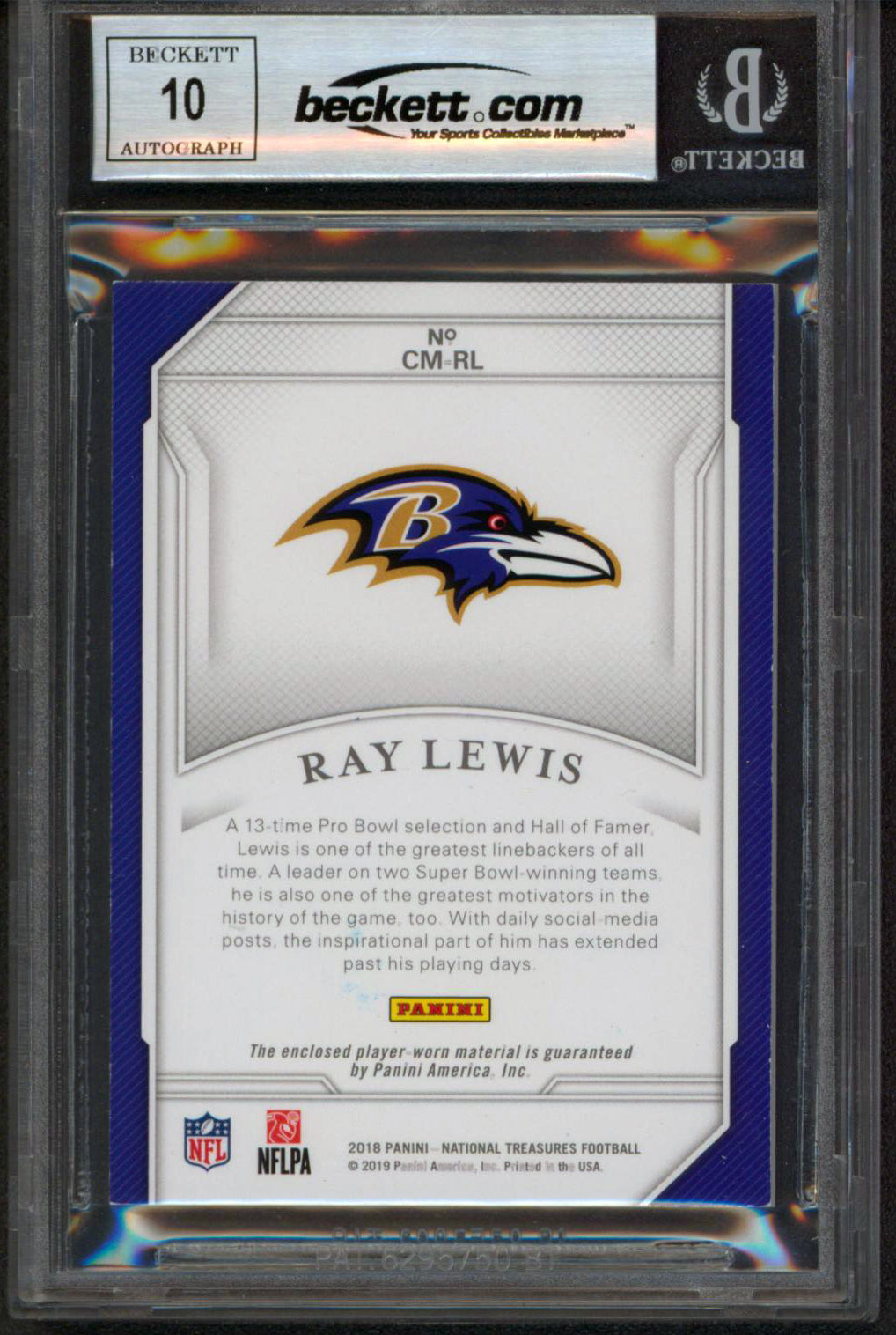 Ray Lewis Signed 2018 National Treasures Holo Gold #9 Card Auto 10! BAS Slabbed