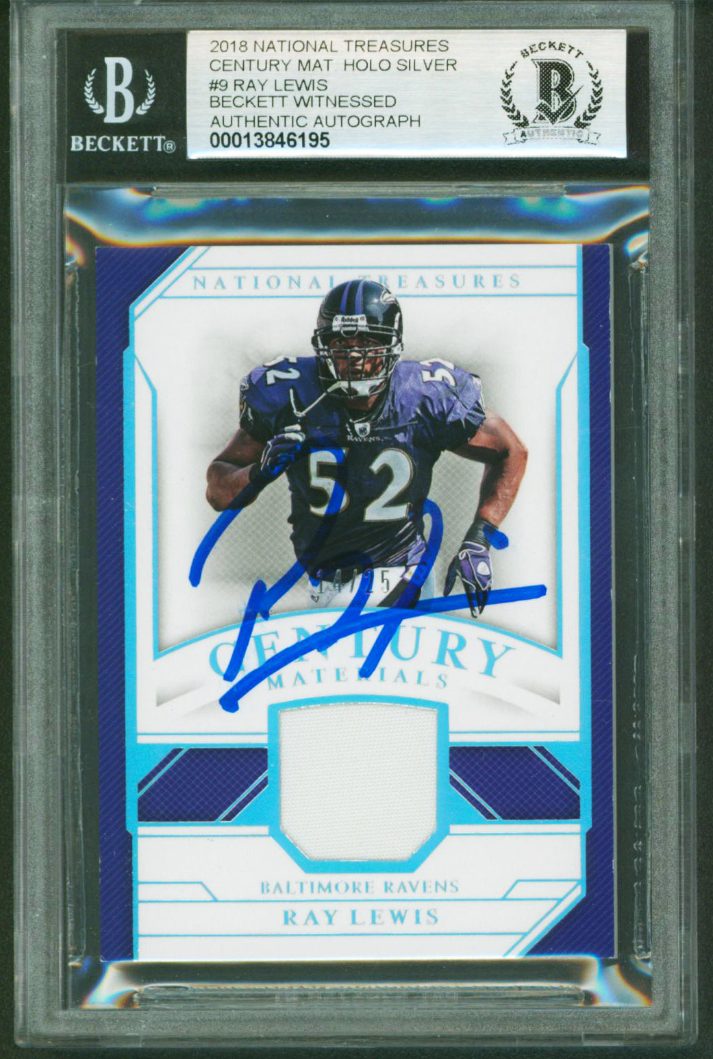 Ray Lewis Signed 2018 National Treasures Holo Silver #9 Card Auto 10 BAS Slabbed