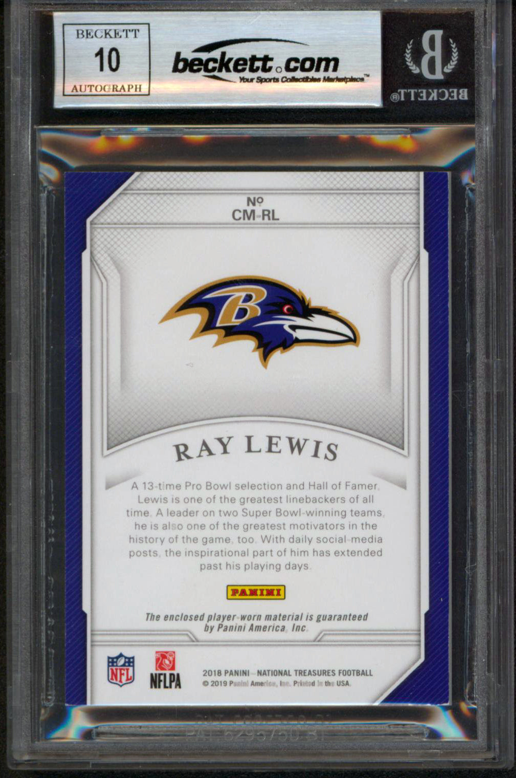 Ray Lewis Signed 2018 National Treasures Holo Silver #9 Card Auto 10 BAS Slabbed