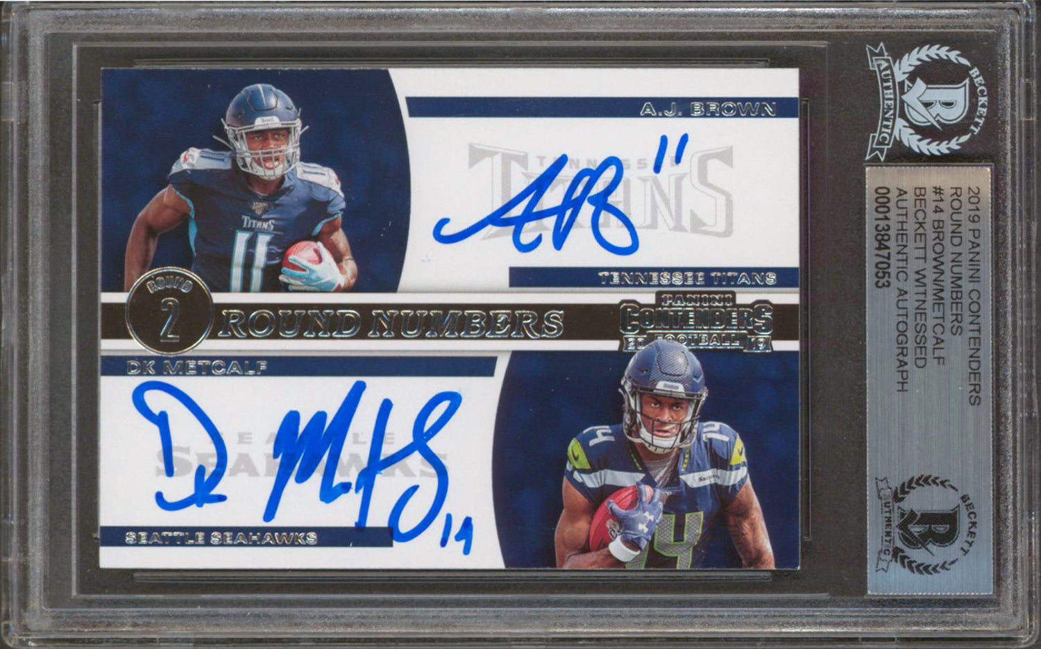 D.K. Metcalf & A.J. Brown Signed 2019 Panini Contenders RN #14 Card BAS Slabbed